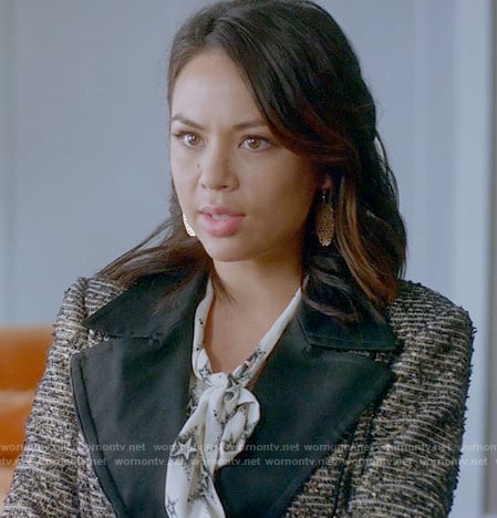 Mona's star print blouse and tweed jacket on Pretty Little Liars