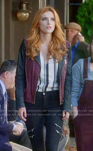 Paige's purple and black leather jacket and striped top on Famous in Love