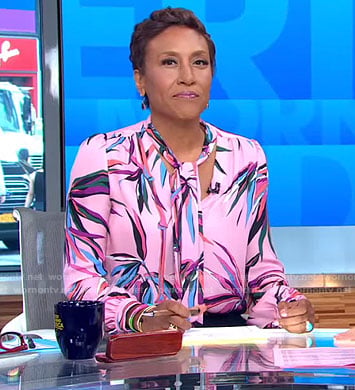 Robin's pink bamboo print tie neck blouse and black pants on Good Morning America