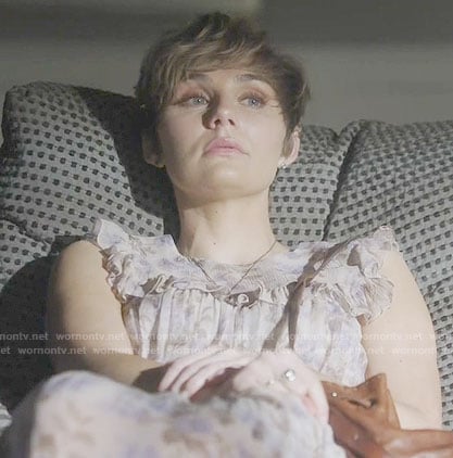 Scarlett's purple floral ruffled dress on Nashville