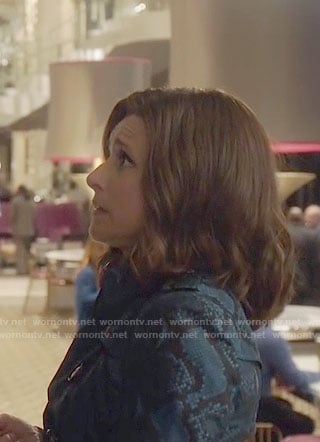 Selina's blue snake print trench coat on Veep