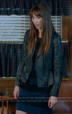 Spencer's blue and black striped dress and leather jacket on Pretty Little Liars