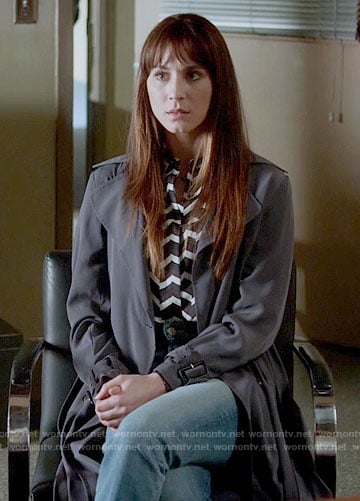 Spencer's chevron striped shirt and grey trench coat on Pretty Little Liars