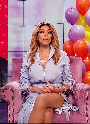 Wendy's blue lace embellished dress on The Wendy Williams Show