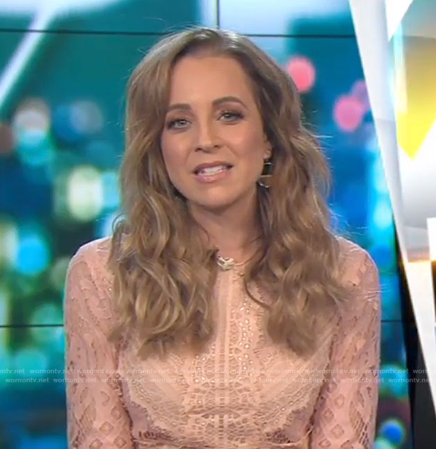 Carrie's pink long sleeve lace dress on The Project