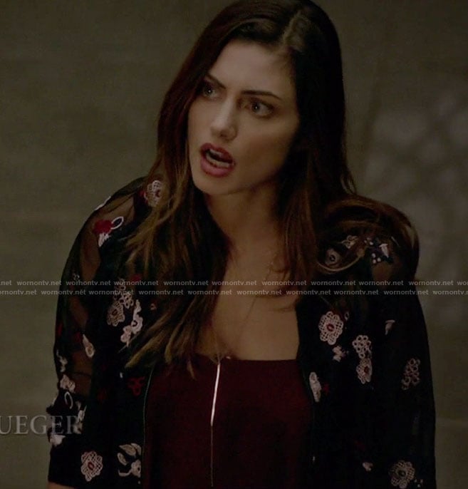 Hayley's sheer embroidered bomber jacket on The Originals