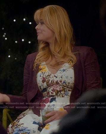 Ali's white floral v-neck dress and purple suede jacket on Pretty Little Liars