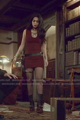 Isabelle's red ribbed mini dress and boots on Shadowhunters