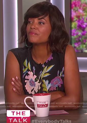 Aisha's black floral sleeveless top on The Talk
