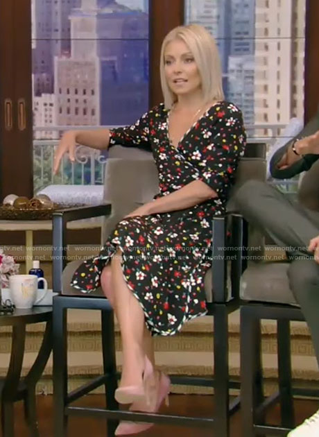 Kelly's black floral wrap dress on Live with Kelly and Ryan