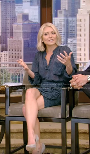Kelly's blue shirt and ruffled trim mini skirt on Live With Kelly