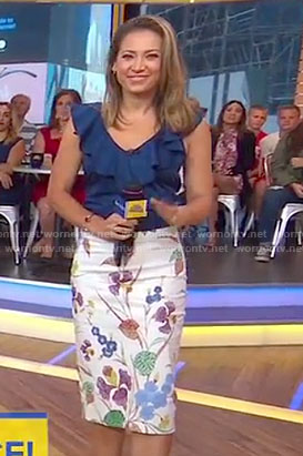 Ginger's blue ruffled v-neck top and floral skit on Good Morning America