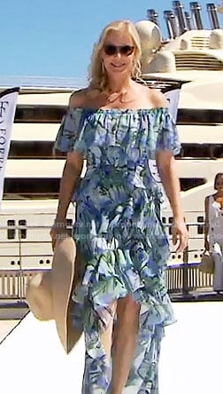 Brooke's blue floral off-shoulder high-low maxi dress in Monaco on The Bold and the Beautiful