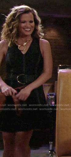 Chelsea's navy v-neck fit and flare dress on The Young and the Restless
