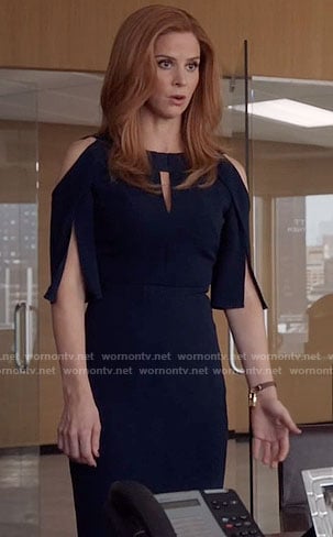 Donna's black dress with cutout shoulders on Suits