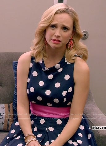 Heather's navy polka dot dress with pink sash on Daytime Divas