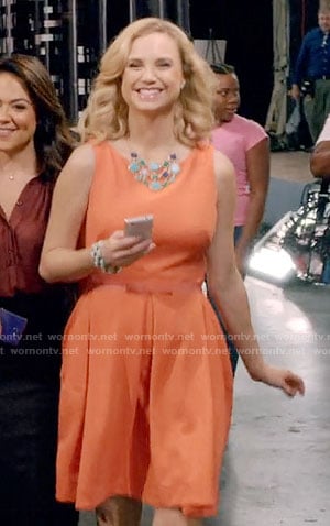 Heather's orange dress with bow belt on Daytime Divas