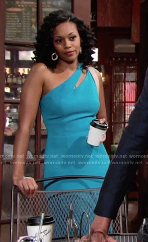 Hilary's blue dress with slash cutout on The Young and the Restless