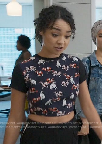 Kat's cat print crop top on The Bold Type