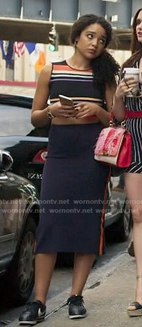Kat's orange striped crop top and midi skirt on The Bold Type