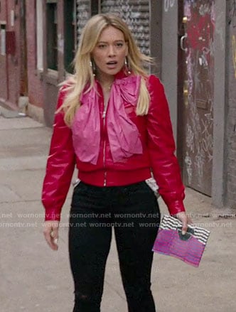 Kelsey's red leather jacket with pink bow on Younger