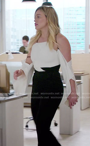 Kelsey's black and white cutout shoulder jumpsuit on Younger