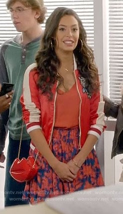 Kibby's red embroidered bomber jacket on Daytime Divas