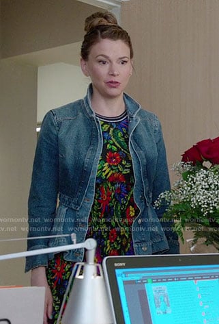 Liza's floral pleated dress, denim peplum jacket and blue boots on Younger