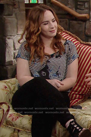 Mariah's blue striped top and striped tote bag on The Young and the Restless