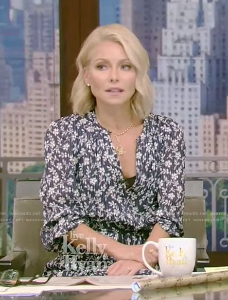 Kelly's navy floral ruffled dress on Live with Kelly and Ryan