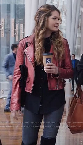 Sutton's metallic red leather jacket on The Bold Type