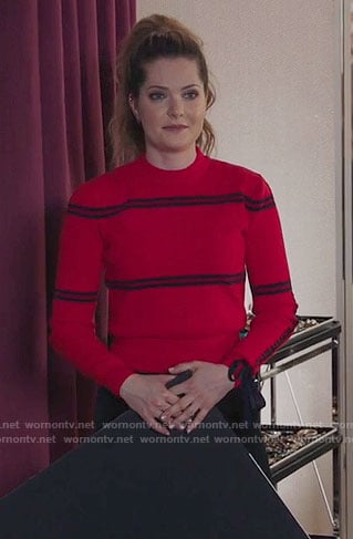 Sutton's red and black striped sweater on The Bold Type