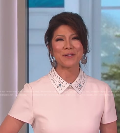 Julie's white a-line short sleeve dress with embellished collar on The Talk