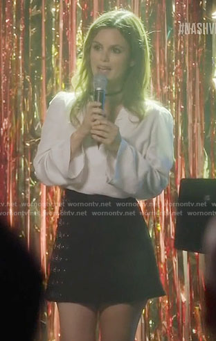 Alyssa's white top with lacing and buckle detail skirt on Nashville