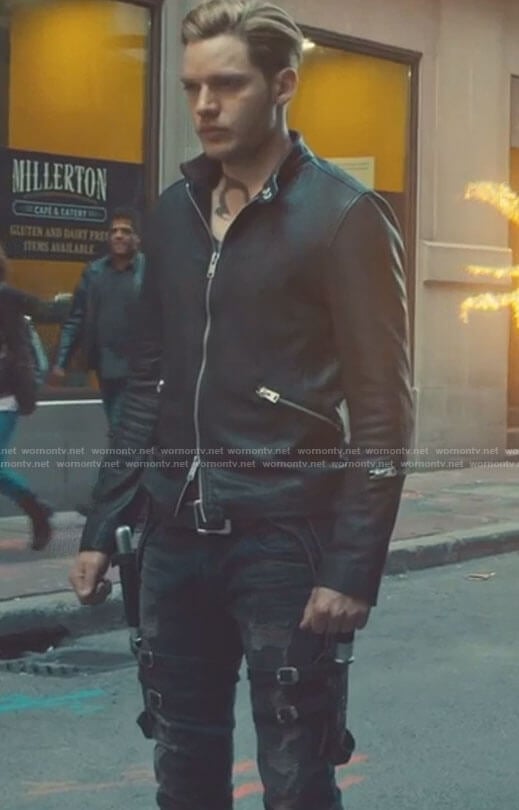 Jace's black zip front jacket and distressed jeans on Shadowhunters