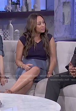 Tamera's blue patchwork pencil skirt on The Real