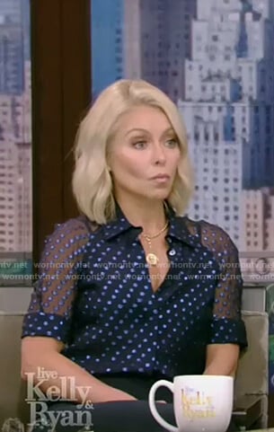 Kelly's blue polka dot chiffon top on Live with Kelly and Ryan