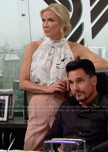 Brooke's white floral high-neck top on The Bold and the Beautiful