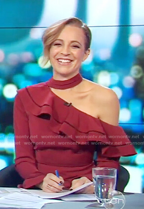 Carrie's red one off shoulder ruffled dress on The Project