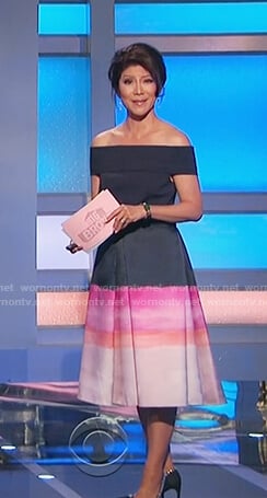 Julie's colorblock off shoulder fit and flare dress on Big Brother