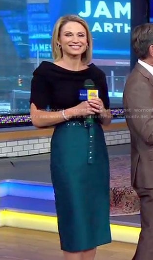 Amy's black top and green belted pencil skirt on Good Morning America