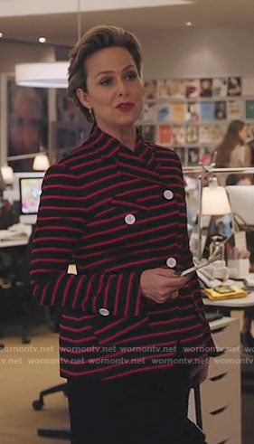 Olivia's red striped jacket on The Bold Type