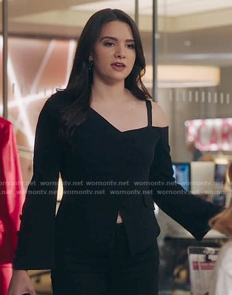 Jane's black one-shoulder jacket on The Bold Type