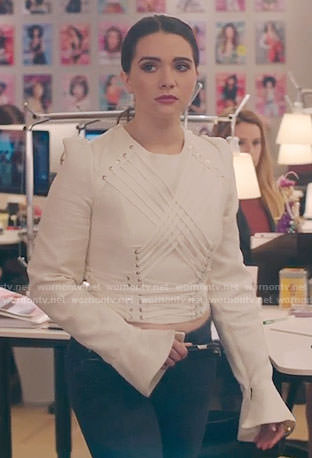 Jane's white lace-up top on The Bold Type