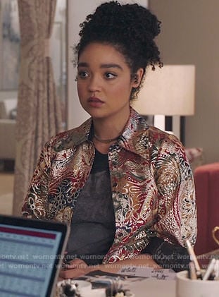 Kat's metallic floral jacket on The Bold Type