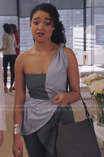 Kat's two-tone one-shoulder top on The Bold Type