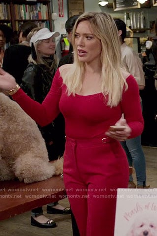 Kelsey's red off-shoulder top and trousers on Younger