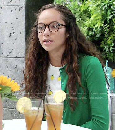 Mattie's lemon print top and green cardigan on The Young and the Restless