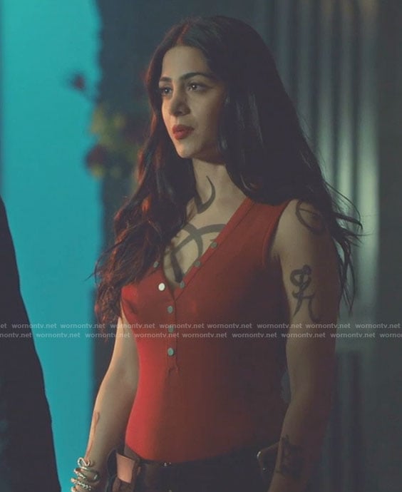 Isabelle's red button down bodysuit on Shadowhunters