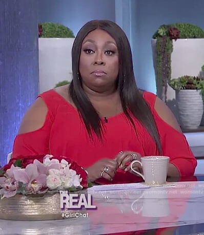 Loni's red cold-shoulder top on The Real